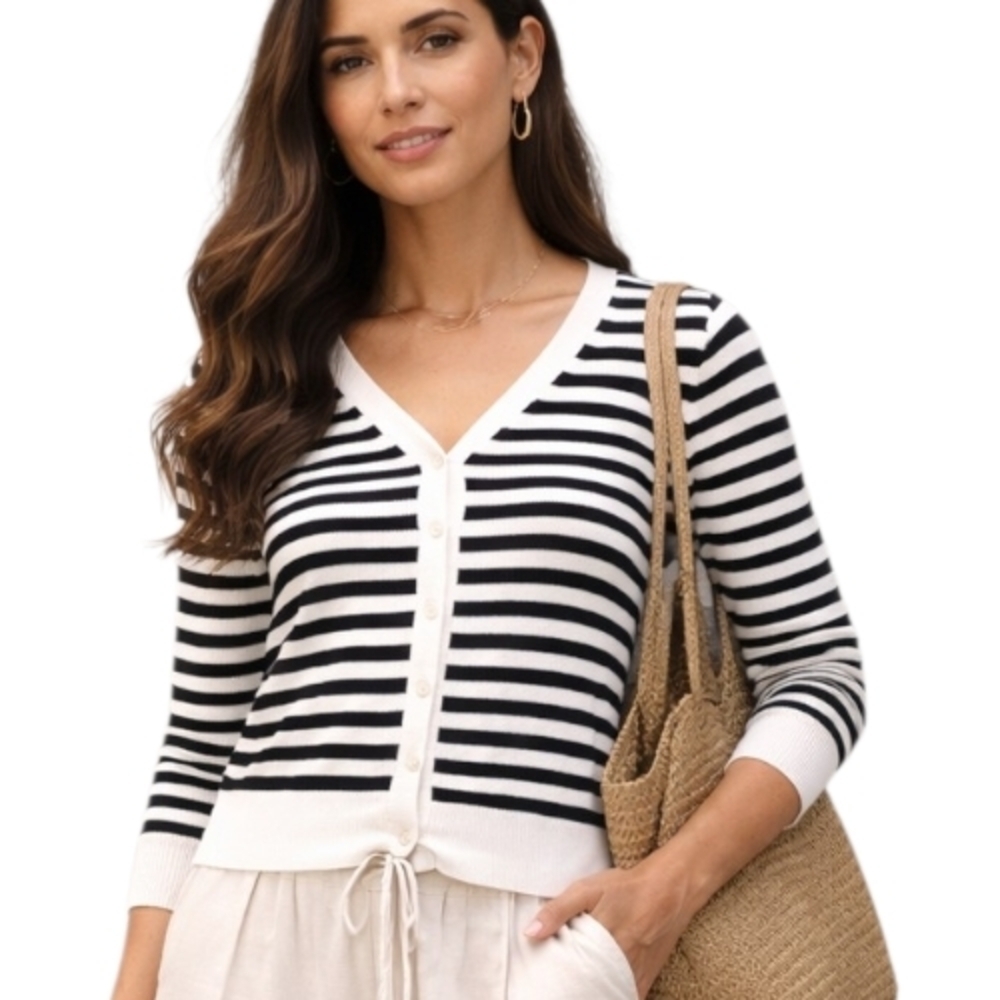 Splendid Collection Black & White Striped Knit Cardigan Sweater Size XL